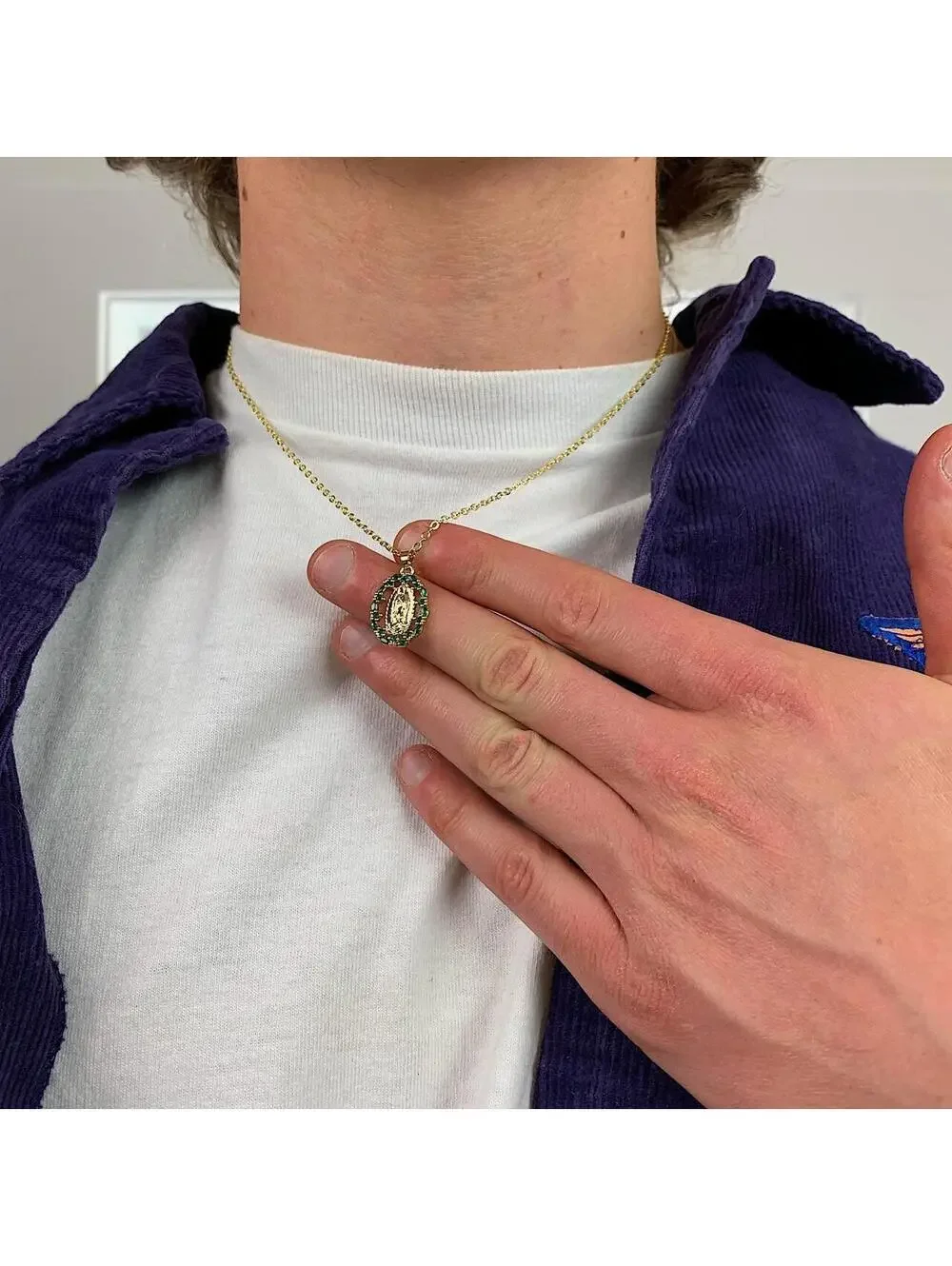 Y2k style gold Saint Marry green rhinestone pendant necklace. 19 inches length.